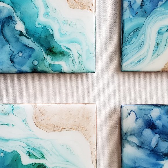 Drink Coasters | Sand and Sea | Set of 4 Beach Theme | Original Alcohol Ink Art - Picture 2 of 3